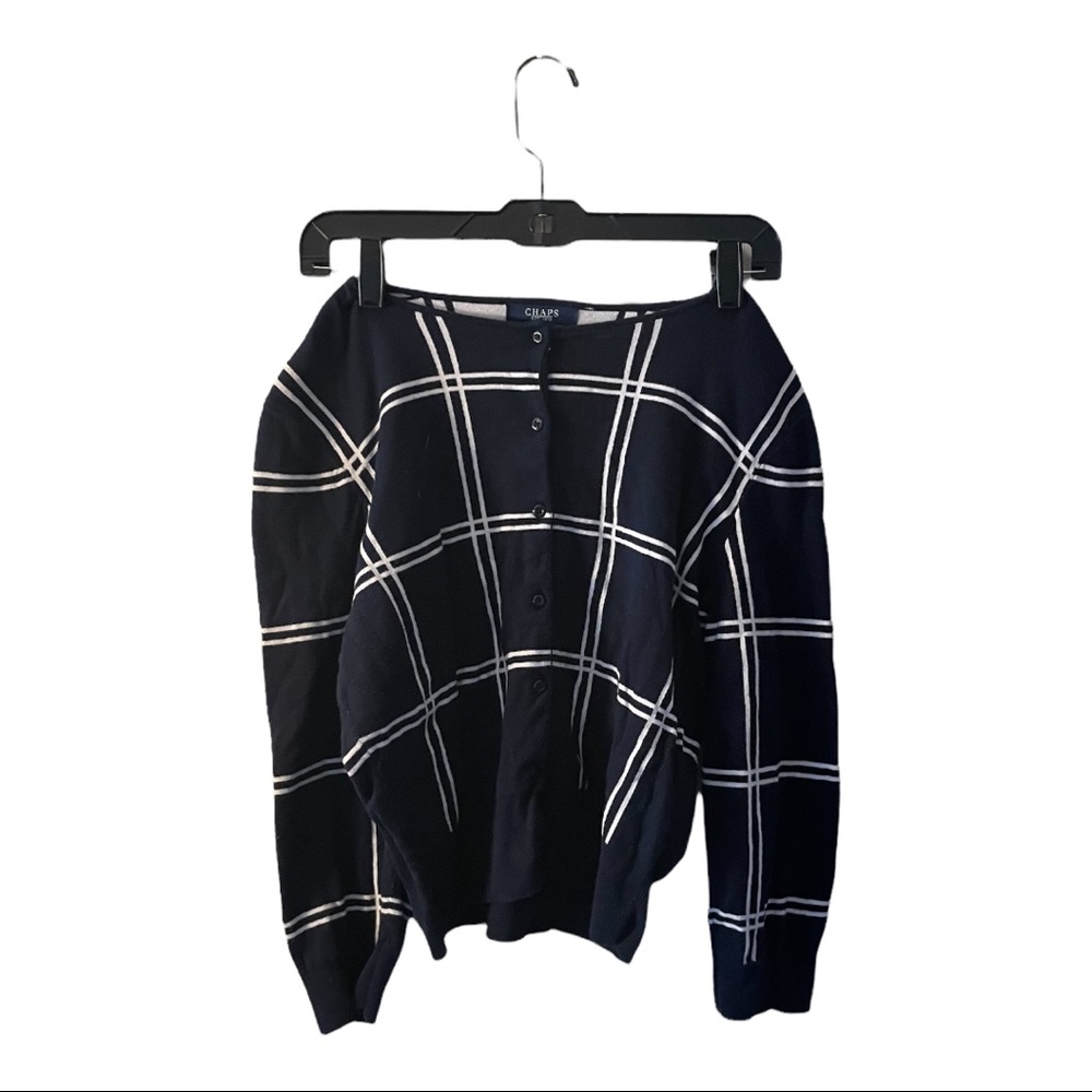 Chaps Womens BLUE Cardigan SWEATER Button-down V neck blue/white lines